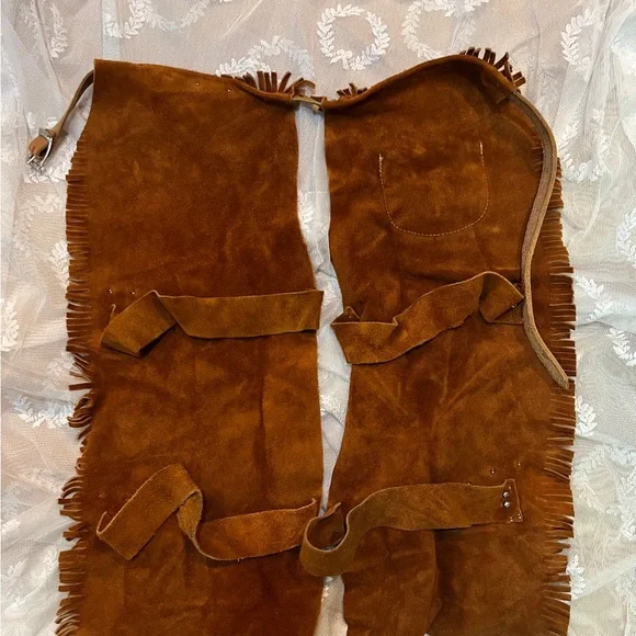 Vtg Authentic Western Outfits For JR. Cowboys Cowhide Chap Vest Fringed Studs B